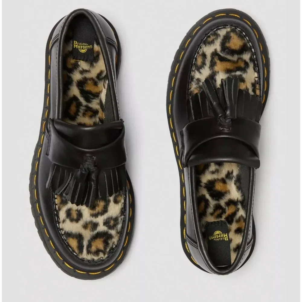 🆕 Dr. Martens Adrian Tassel Black Leopard Faux Fur Women's Size 9